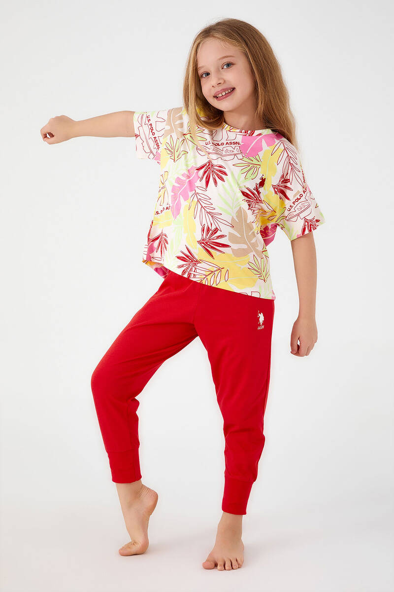 U.S. Polo Assn With Leaf Patterns Beyaz Kız Çocuk Kısa Kol Pijama Takım U.S. Polo Assn With Leaf Patterns Beyaz Kız Çocuk Kısa Kol Pijama Takım