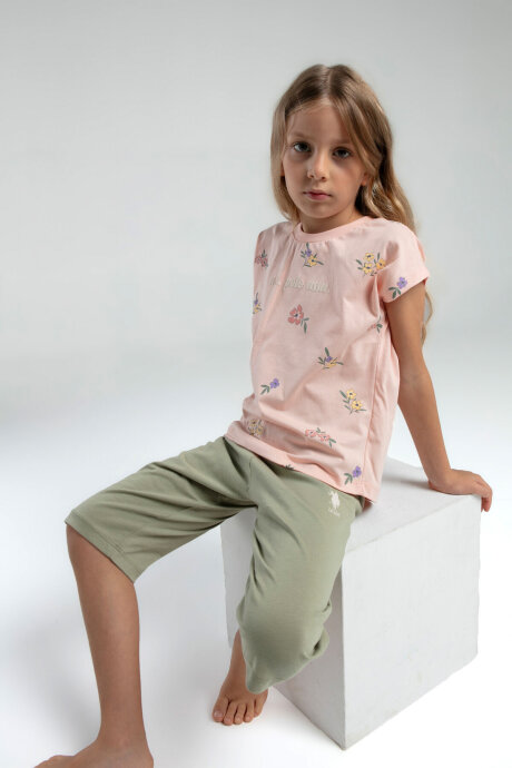 U.S. Polo Assn. Kız Çocuk Pamuklu Bisiklet Yaka Pigment Baskılı Yazlık Regular Fit Pembe Kapri Takım US2069-C-V1 - 2