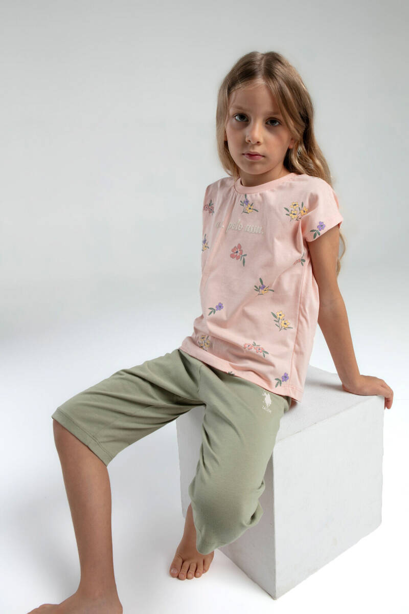 U.S. Polo Assn. Kız Çocuk Pamuklu Bisiklet Yaka Pigment Baskılı Yazlık Regular Fit Pembe Kapri Takım US2069-C-V1 - 2