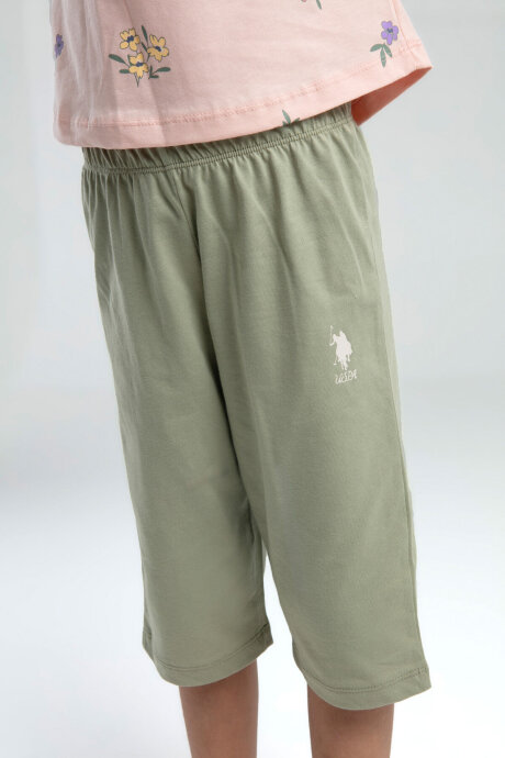 U.S. Polo Assn. Kız Çocuk Pamuklu Bisiklet Yaka Pigment Baskılı Yazlık Regular Fit Pembe Kapri Takım US2069-C-V1 - 3