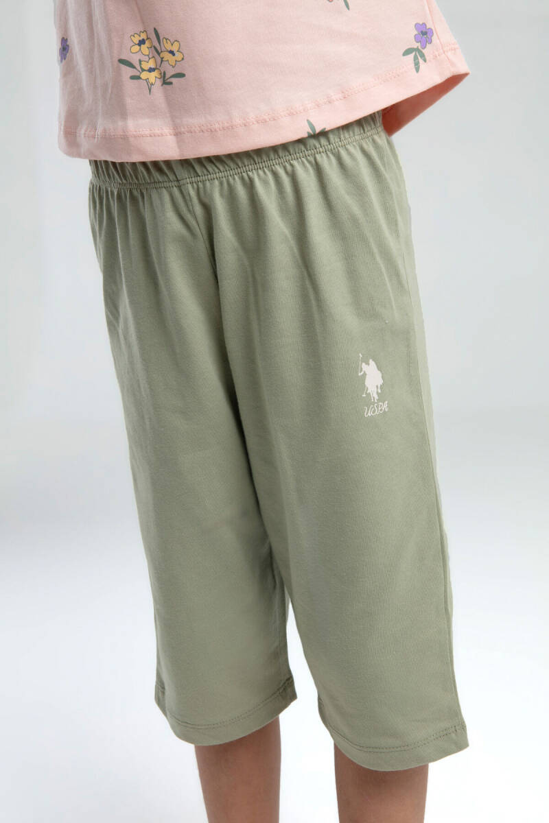 U.S. Polo Assn. Kız Çocuk Pamuklu Bisiklet Yaka Pigment Baskılı Yazlık Regular Fit Pembe Kapri Takım US2069-C-V1 - 3