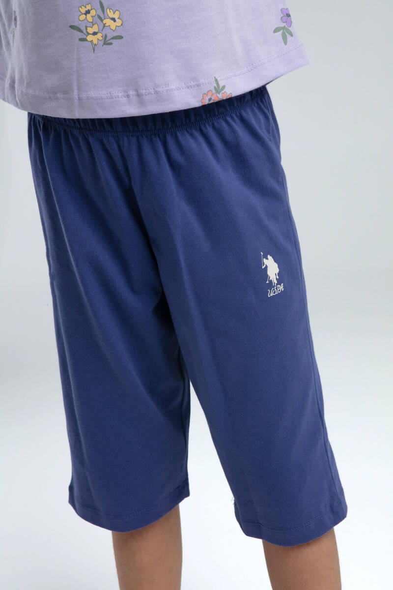 U.S. Polo Assn. Kız Çocuk Pamuklu Bisiklet Yaka Pigment Baskılı Yazlık Regular Fit Mor Kapri Takım US2069-C-V2 - 3