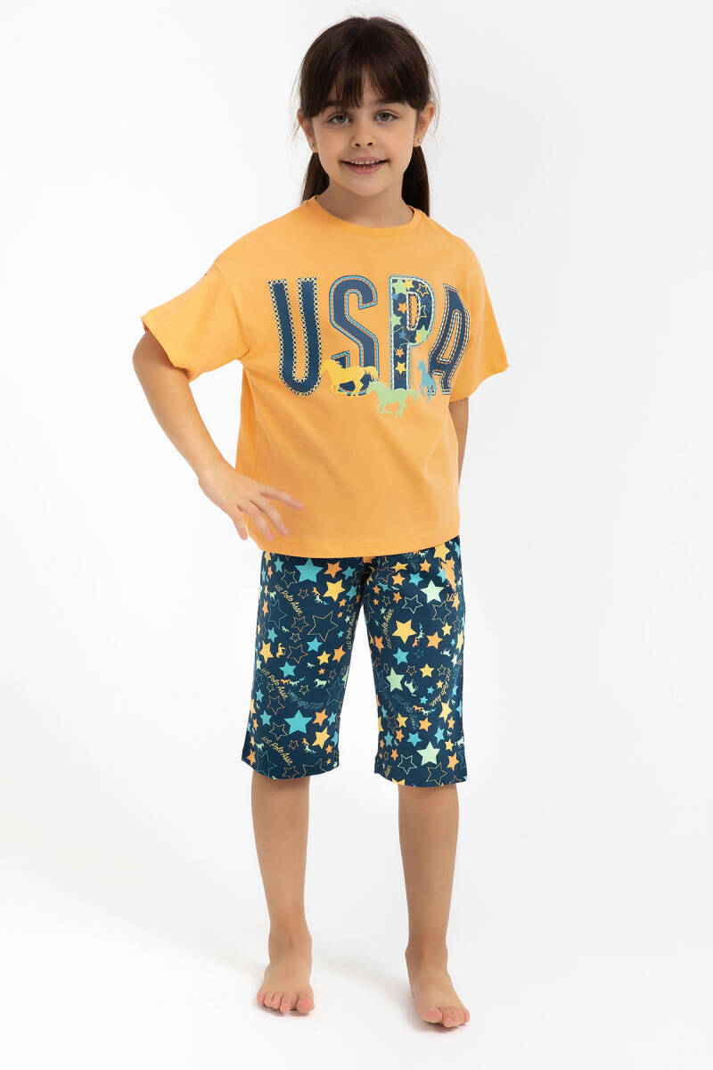 U.S. Polo Assn. Kız Çocuk Bisiklet Yaka Pigment Baskılı Yazlık Regular Fit Turuncu Kapri Takım US1048-C-V2 - 1