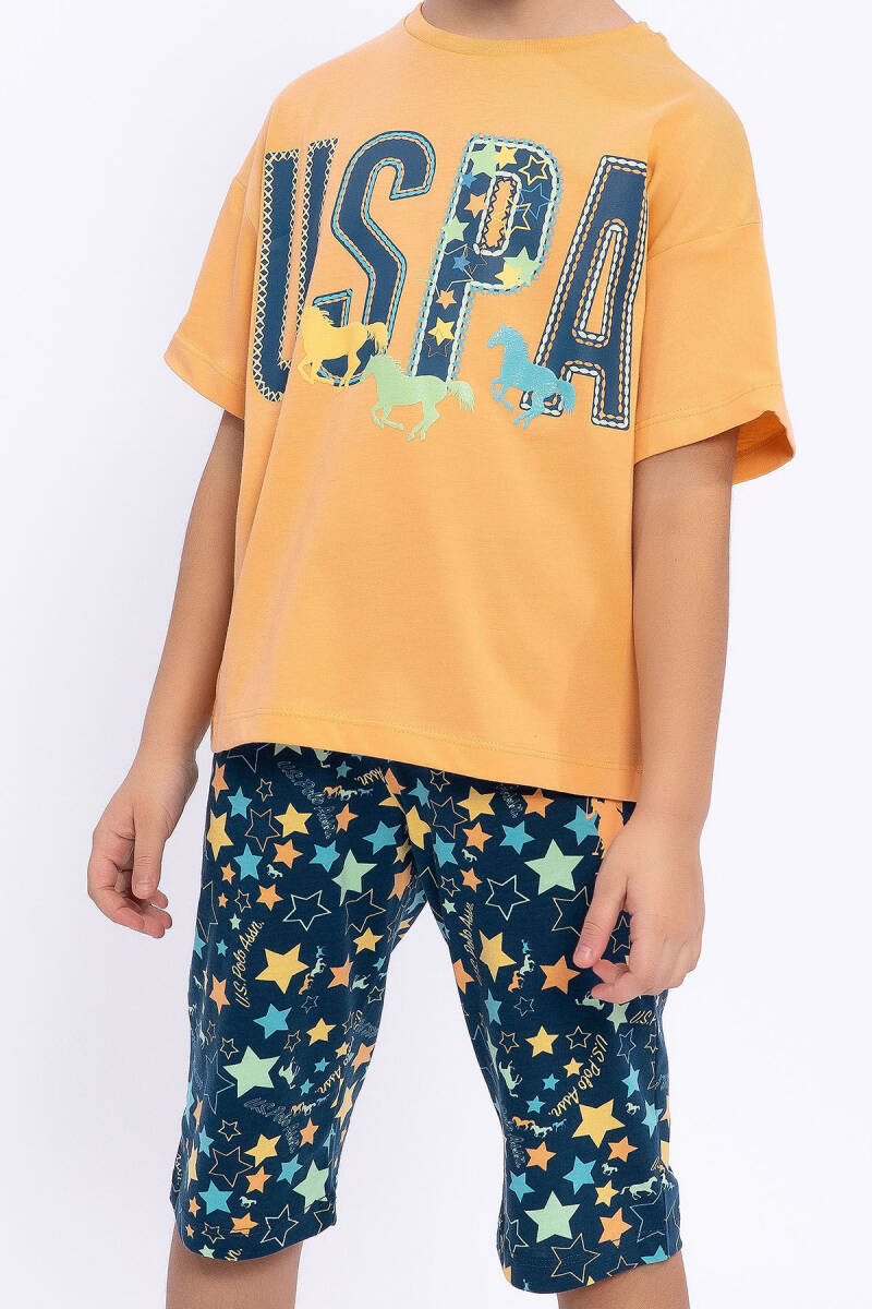U.S. Polo Assn. Kız Çocuk Bisiklet Yaka Pigment Baskılı Yazlık Regular Fit Turuncu Kapri Takım US1048-C-V2 - 3