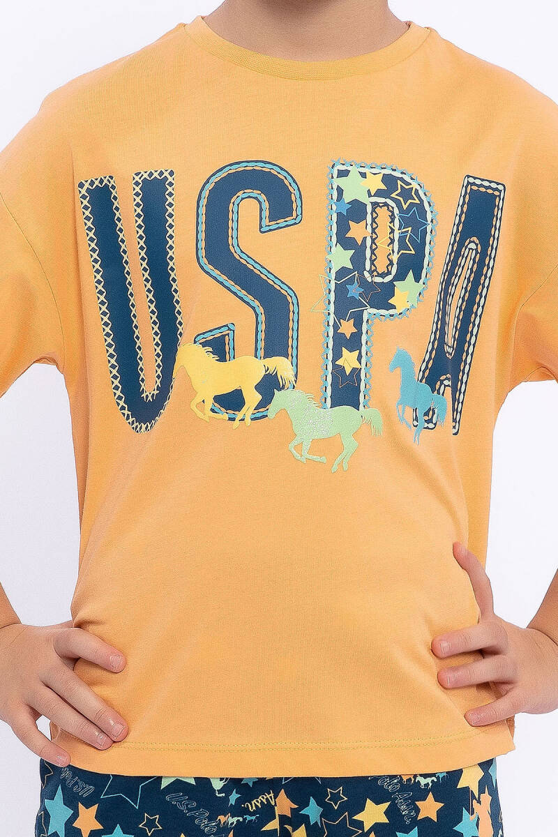 U.S. Polo Assn. Kız Çocuk Bisiklet Yaka Pigment Baskılı Yazlık Regular Fit Turuncu Kapri Takım US1048-C-V2 - 4