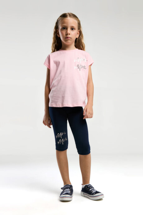 U.S. Polo Assn. Kız Çocuk Bisiklet Yaka Pigment Baskılı Yazlık Regular Fit Pembe Tayt Takım US2081-C-V2