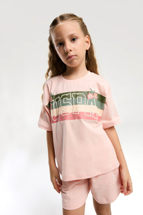 U.S. Polo Assn. Kız Çocuk Bisiklet Yaka Pigment Baskılı Yazlık Regular Fit Pembe Şort Takım US2071-C-V1 (1)