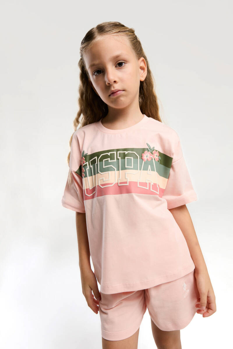 U.S. Polo Assn. Kız Çocuk Pamuklu Bisiklet Yaka Pigment Baskılı Yazlık Regular Fit Pembe Şort Takım US2071-C-V1 - 2