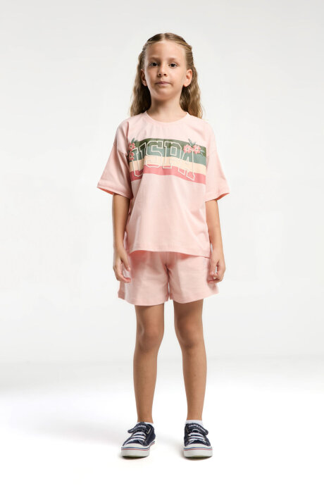 U.S. Polo Assn. Kız Çocuk Pamuklu Bisiklet Yaka Pigment Baskılı Yazlık Regular Fit Pembe Şort Takım US2071-C-V1 - 4