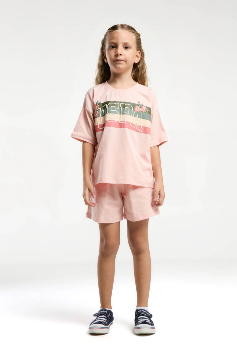 U.S. Polo Assn. Kız Çocuk Pamuklu Bisiklet Yaka Pigment Baskılı Yazlık Regular Fit Pembe Şort Takım US2071-C-V1 - 4