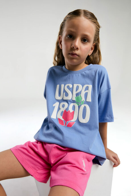 U.S. Polo Assn. Kız Çocuk Bisiklet Yaka Pigment Baskılı Yazlık Regular Fit Mavi Şort Takım US2096-C-V1 (1)
