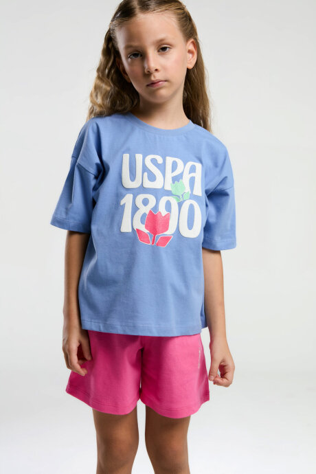 U.S. Polo Assn. Kız Çocuk Pamuklu Bisiklet Yaka Pigment Baskılı Yazlık Regular Fit Mavi Şort Takım US2096-C-V1 - 3