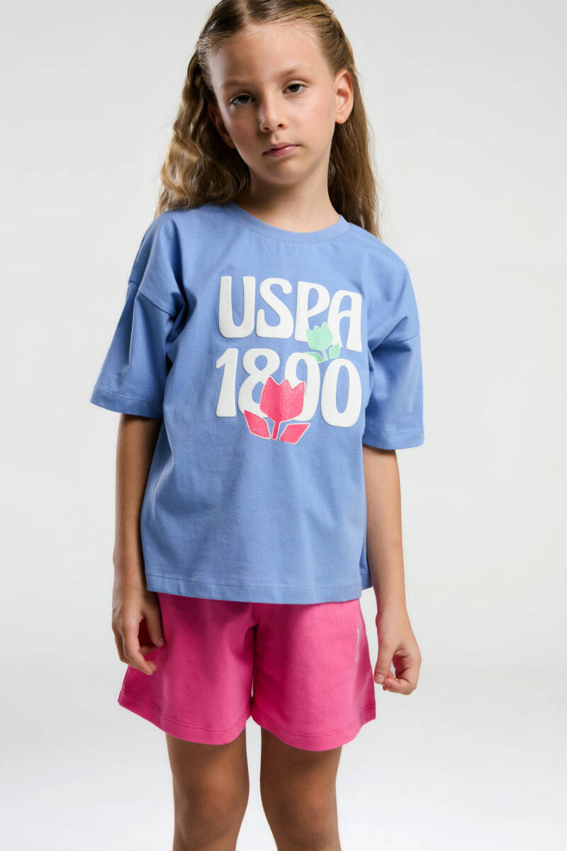 U.S. Polo Assn. Kız Çocuk Pamuklu Bisiklet Yaka Pigment Baskılı Yazlık Regular Fit Mavi Şort Takım US2096-C-V1 - 3