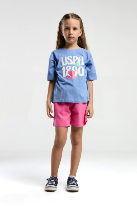 U.S. Polo Assn. Kız Çocuk Pamuklu Bisiklet Yaka Pigment Baskılı Yazlık Regular Fit Mavi Şort Takım US2096-C-V1 - 4