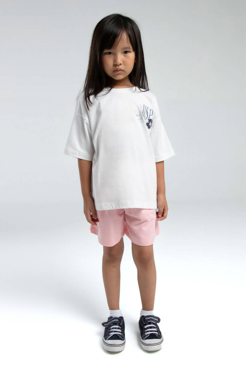 U.S. Polo Assn. Kız Çocuk Pamuklu Bisiklet Yaka Pigment Baskılı Yazlık Regular Fit Beyaz Şort Takım US2072-C-V2 - 2