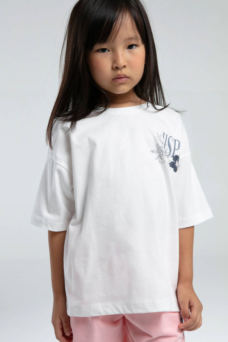 U.S. Polo Assn. Kız Çocuk Pamuklu Bisiklet Yaka Pigment Baskılı Yazlık Regular Fit Beyaz Şort Takım US2072-C-V2 - 3