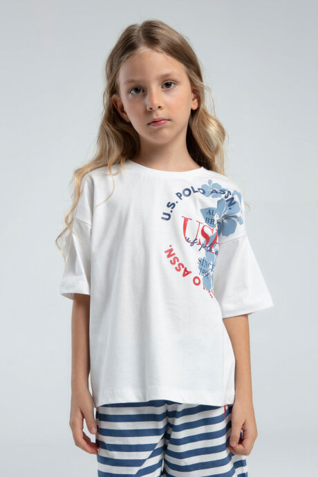 U.S. Polo Assn. Kız Çocuk Pamuklu Bisiklet Yaka Pigment Baskılı Yazlık Regular Fit Beyaz Şort Takım US2073-C-V1 - 2