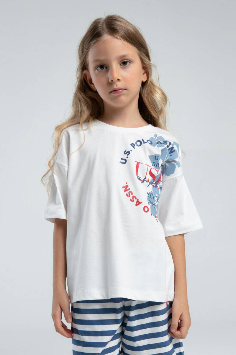 U.S. Polo Assn. Kız Çocuk Pamuklu Bisiklet Yaka Pigment Baskılı Yazlık Regular Fit Beyaz Şort Takım US2073-C-V1 - 2