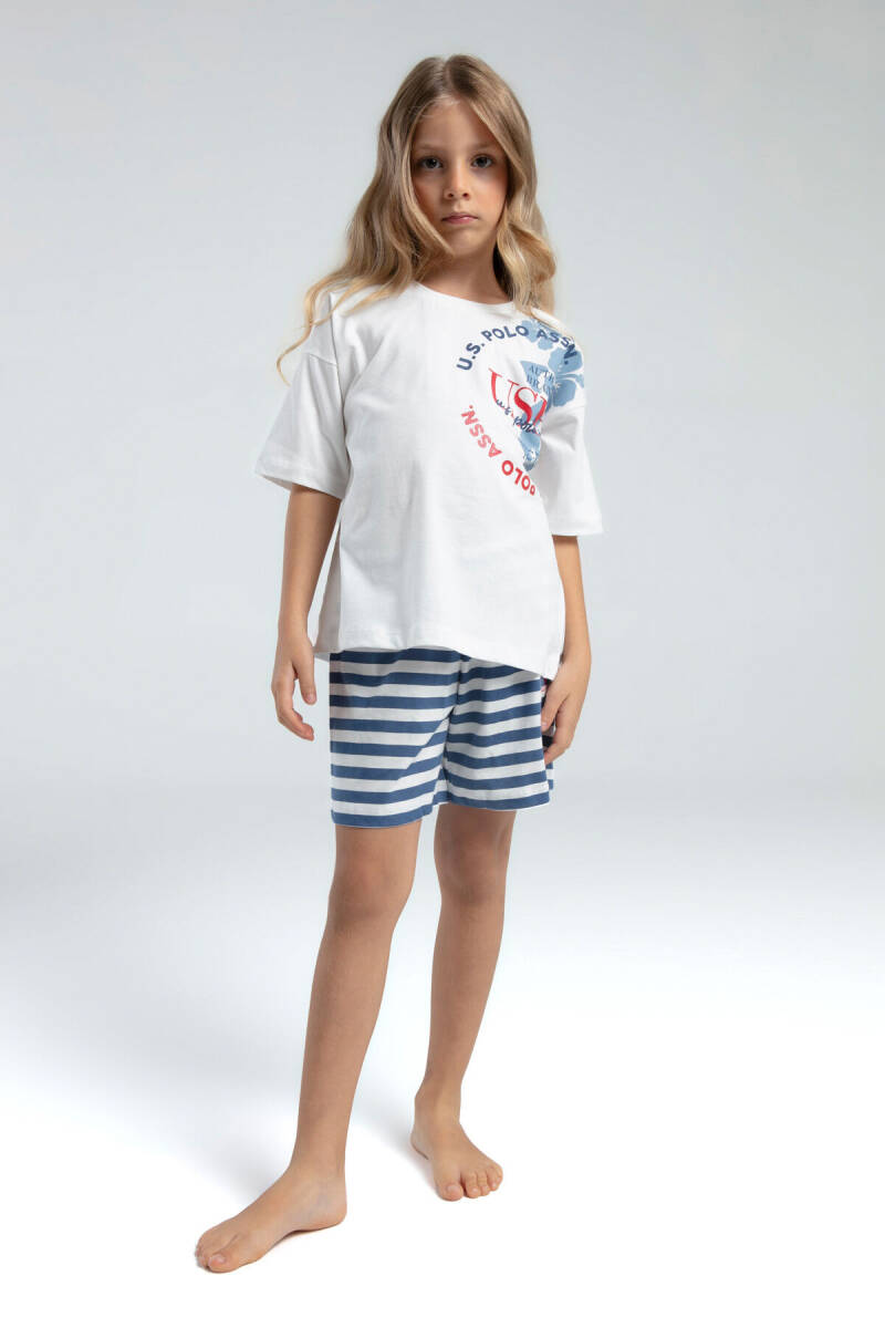 U.S. Polo Assn. Kız Çocuk Pamuklu Bisiklet Yaka Pigment Baskılı Yazlık Regular Fit Beyaz Şort Takım US2073-C-V1 - 3