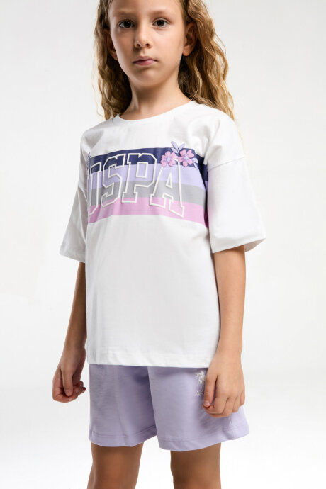 U.S. Polo Assn. Kız Çocuk Pamuklu Bisiklet Yaka Pigment Baskılı Yazlık Regular Fit Beyaz Şort Takım US2071-C-V2 - 2