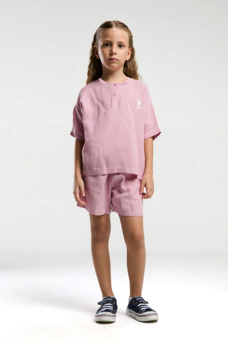 U.S. Polo Assn. Kız Çocuk Pamuklu Düğmeli Yaka Sargı Nakışlı Yazlık Regular Fit Pembe Şort Takım US2093-C-V2 - 3
