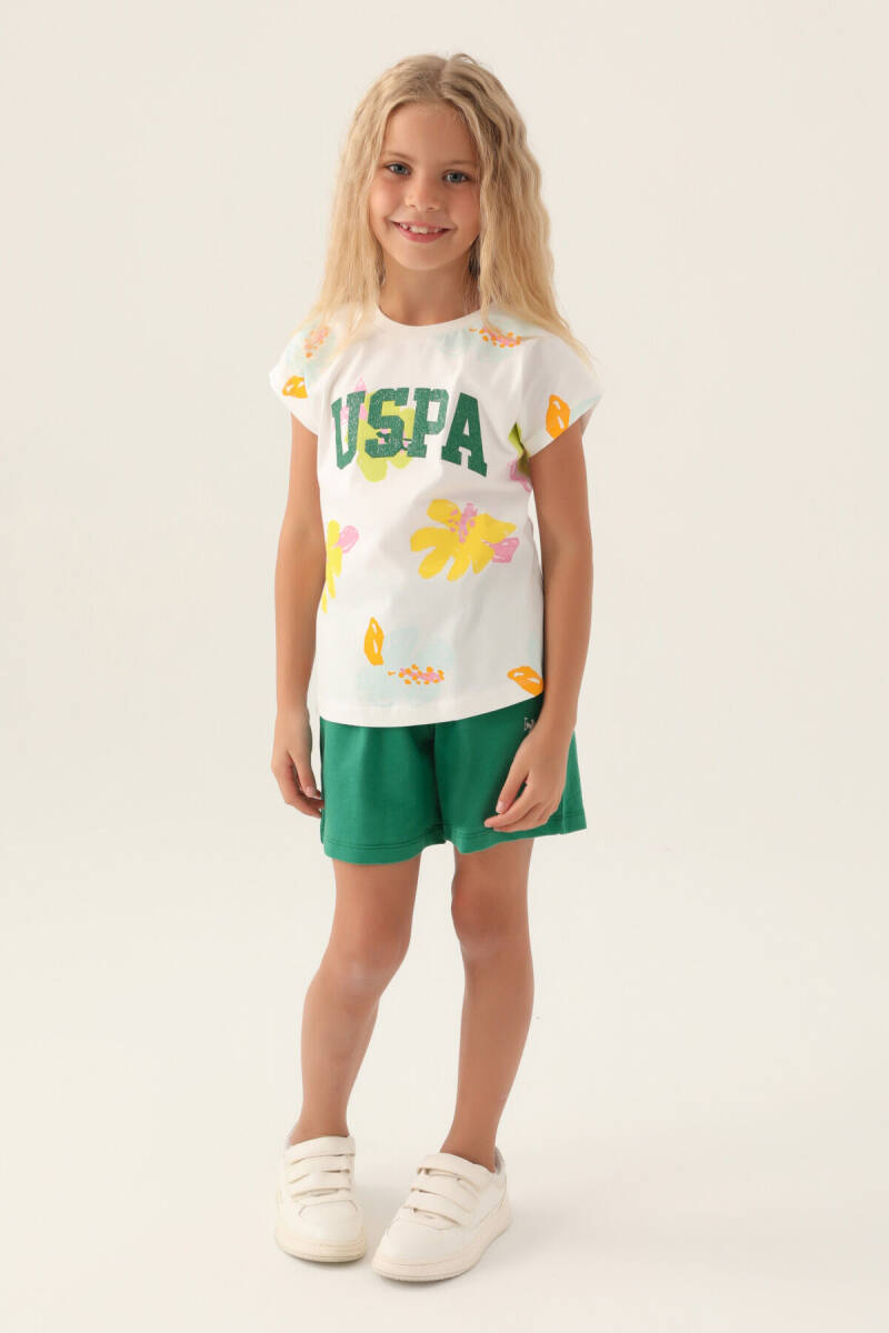 U.S. Polo Assn. Kız Çocuk Pamuklu Bisiklet Yaka Pigment Baskılı Yazlık Regular Fit Krem Şort Takım US1843-C-V2 - 3