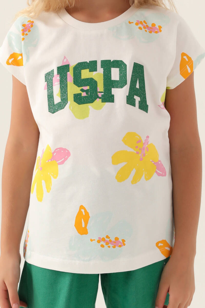 U.S. Polo Assn. Kız Çocuk Pamuklu Bisiklet Yaka Pigment Baskılı Yazlık Regular Fit Krem Şort Takım US1843-C-V2 - 4