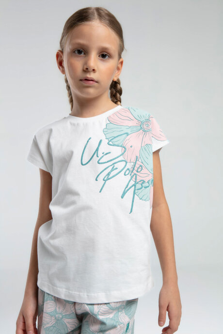 U.S. Polo Assn. Kız Çocuk Bisiklet Yaka Pigment Baskılı Yazlık Regular Fit Krem Şort Takım US2079-C-V2 (1)
