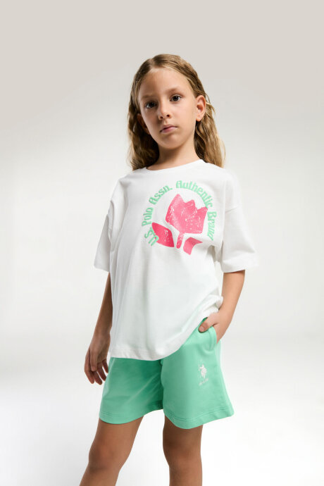 U.S. Polo Assn. Kız Çocuk Pamuklu Bisiklet Yaka Pigment Baskılı Yazlık Regular Fit Krem Şort Takım US2094-C-V1 - 1