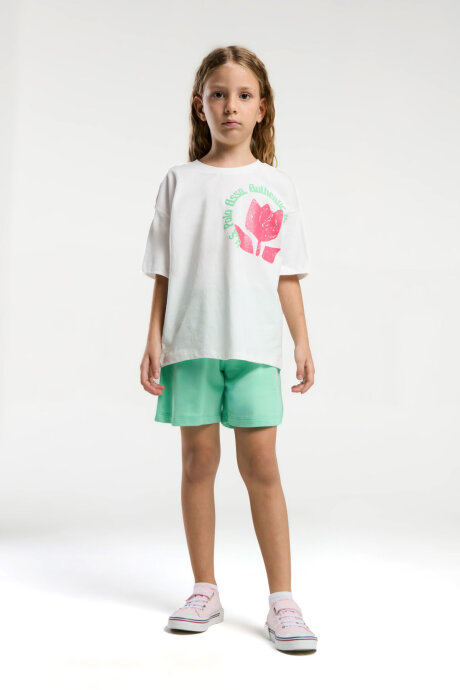 U.S. Polo Assn. Kız Çocuk Pamuklu Bisiklet Yaka Pigment Baskılı Yazlık Regular Fit Krem Şort Takım US2094-C-V1 - 2