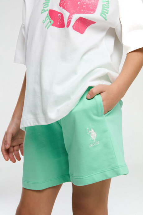 U.S. Polo Assn. Kız Çocuk Pamuklu Bisiklet Yaka Pigment Baskılı Yazlık Regular Fit Krem Şort Takım US2094-C-V1 - 4