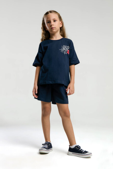 U.S. Polo Assn. Kız Çocuk Pamuklu Bisiklet Yaka Pigment Baskılı Yazlık Regular Fit Lacivert Şort Takım US2072-C-V1 - 2