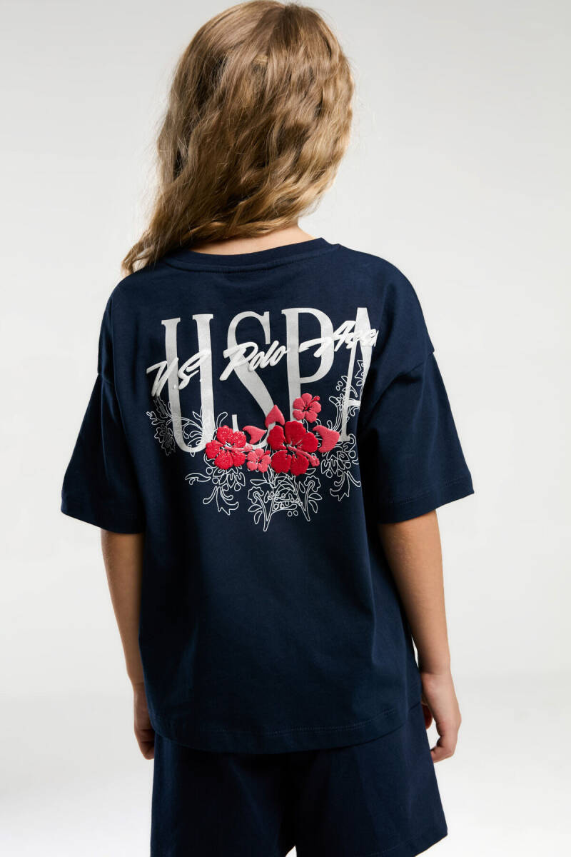 U.S. Polo Assn. Kız Çocuk Pamuklu Bisiklet Yaka Pigment Baskılı Yazlık Regular Fit Lacivert Şort Takım US2072-C-V1 - 4