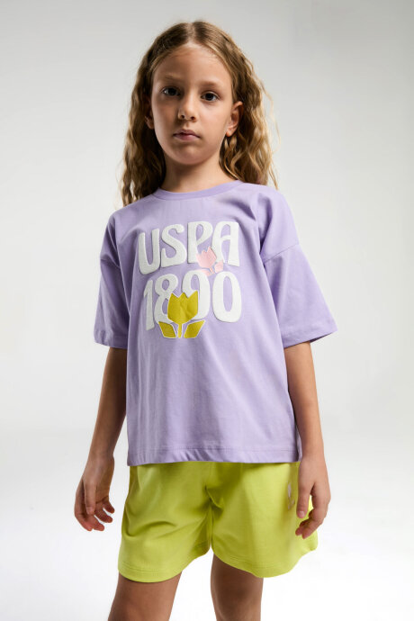 U.S. Polo Assn. Kız Çocuk Bisiklet Yaka Pigment Baskılı Yazlık Regular Fit Mor Şort Takım US2096-C-V2 (1)