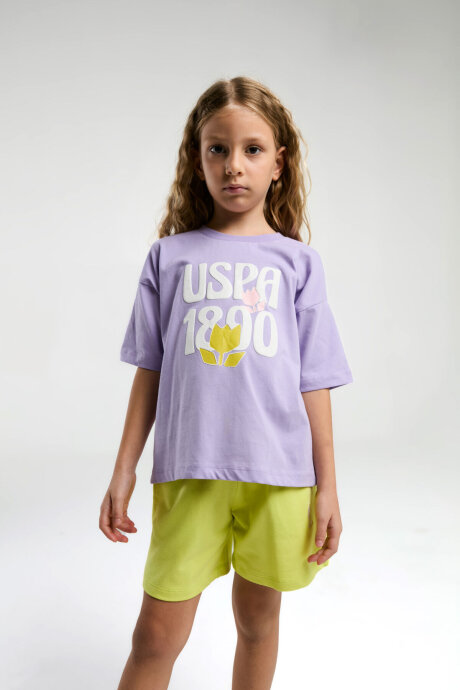 U.S. Polo Assn. Kız Çocuk Pamuklu Bisiklet Yaka Pigment Baskılı Yazlık Regular Fit Mor Şort Takım US2096-C-V2 - 3