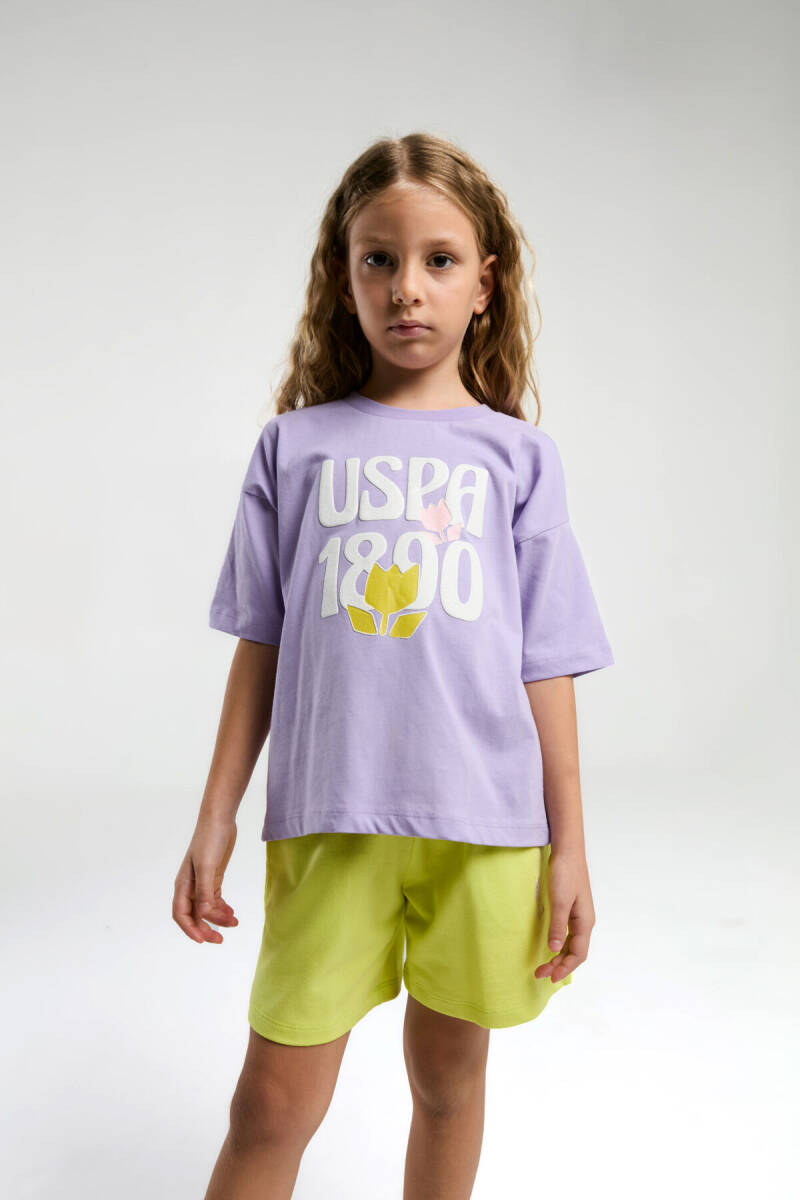 U.S. Polo Assn. Kız Çocuk Pamuklu Bisiklet Yaka Pigment Baskılı Yazlık Regular Fit Mor Şort Takım US2096-C-V2 - 3