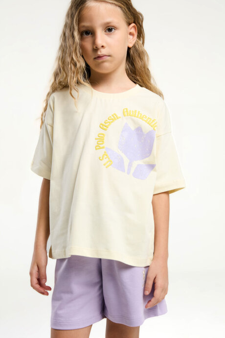 U.S. Polo Assn. Kız Çocuk Pamuklu Bisiklet Yaka Pigment Baskılı Yazlık Regular Fit Sarı Şort Takım US2094-C-V2 - 2