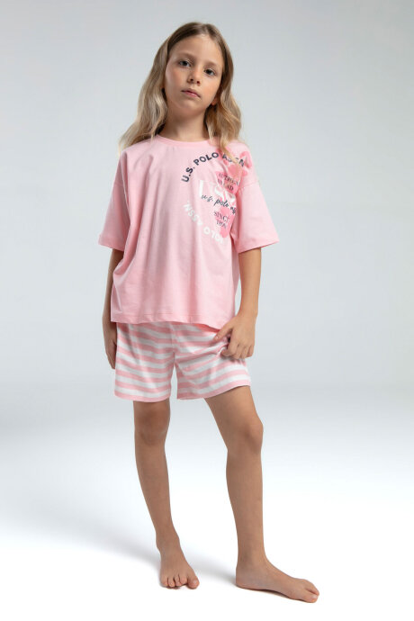 U.S. Polo Assn. Kız Çocuk Bisiklet Yaka Pigment Baskılı Yazlık Regular Fit Pembe Şort Takım US2073-C-V2