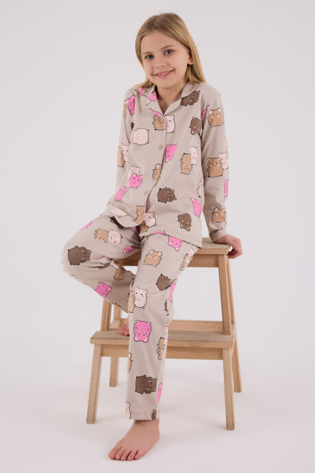 Rolypoly Kız Çocuk Pamuklu Kışlık Regular Fit Krem Pijama Takımı RP3706-C-V1 (1)