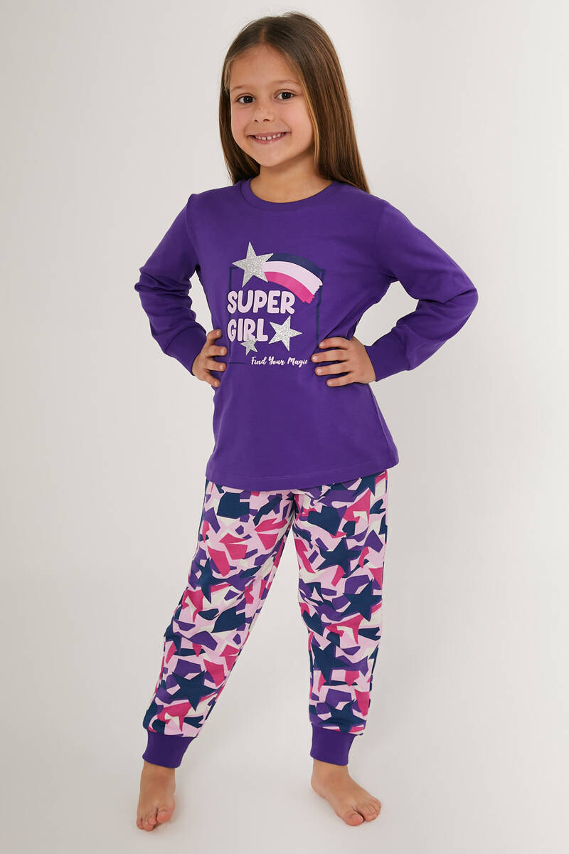 Rolypoly Super Girl Mor Kız Çocuk Uzun Kol Pijama Takım