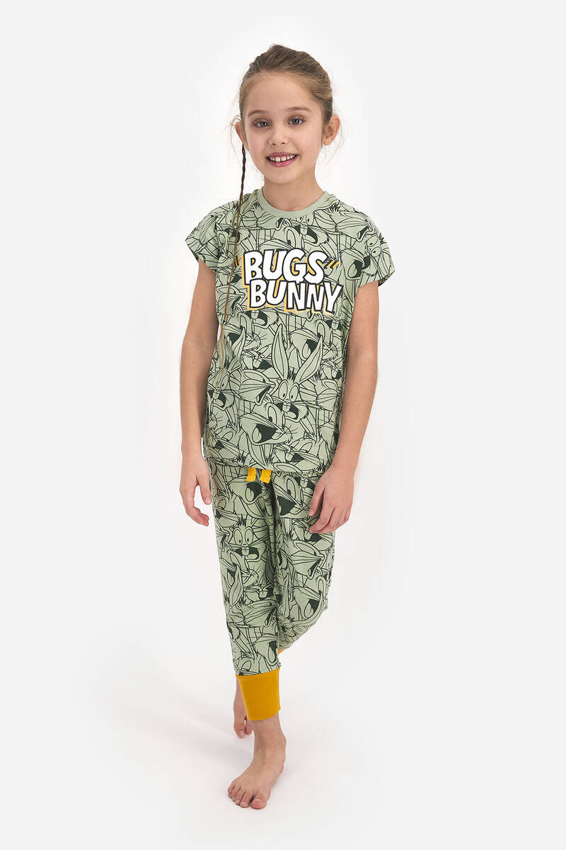 Looney Tunes - Looney Tunes Lisanslı Bugs Bunny Su Yeşili Kız Çocuk Kısa Kol Pijama Takımı (1)