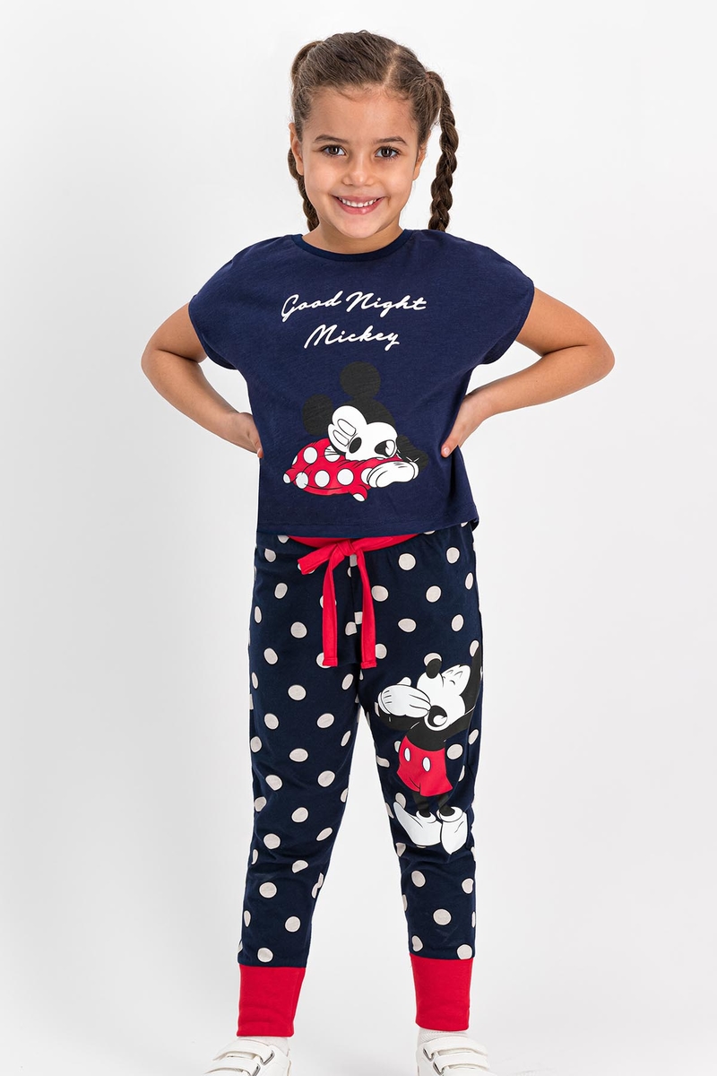 Mickey Mouse - Mickey Mouse Lisanslı Lacivert Kısa Kollu Kız Çocuk Pijama Takımı