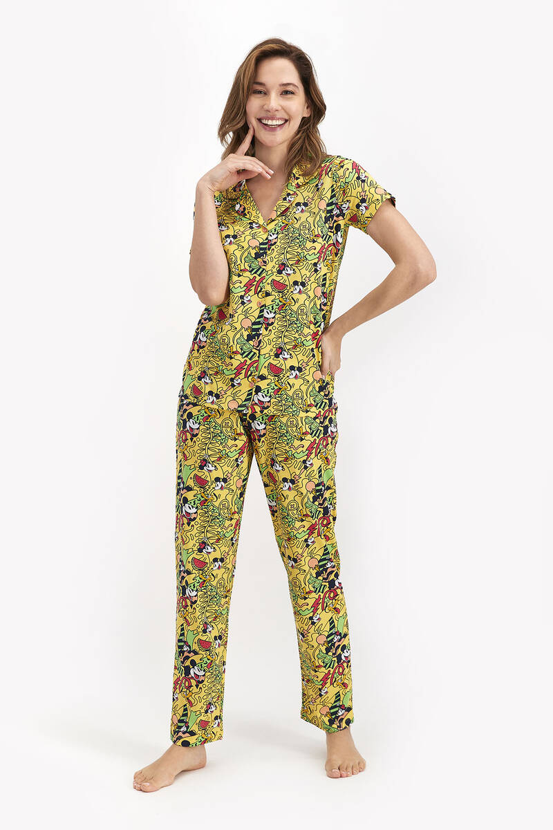 Mickey Mouse - Mickey&Friends Lisanslı Funny World Sarı Kadın Gömlek Pijama Takımı