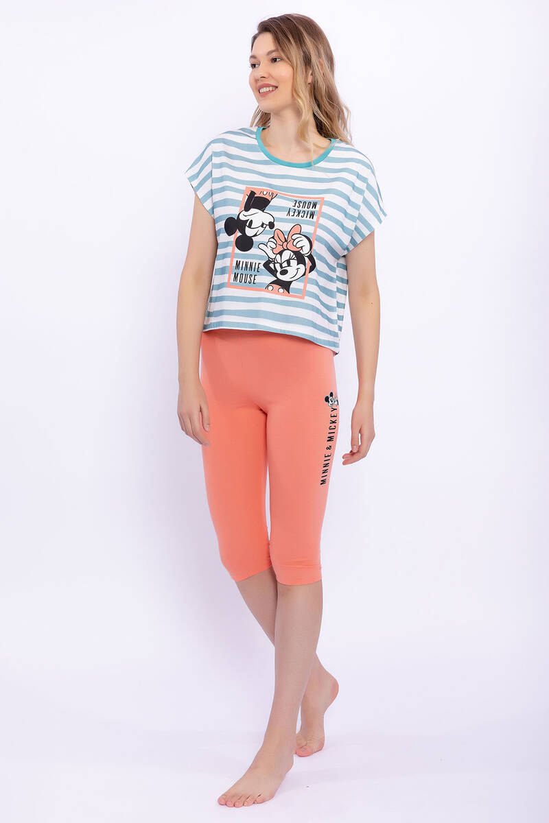 Minnie Mouse - Minnie Mouse Lisanslı Açık Pembe Kadın Ribanalı Pijama Takımı (1)