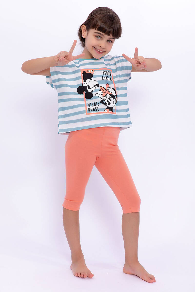 Minnie Mouse - Minnie Mouse Lisanslı Çizgili Cam Göbeği Kız Çocuk Tayt Takım