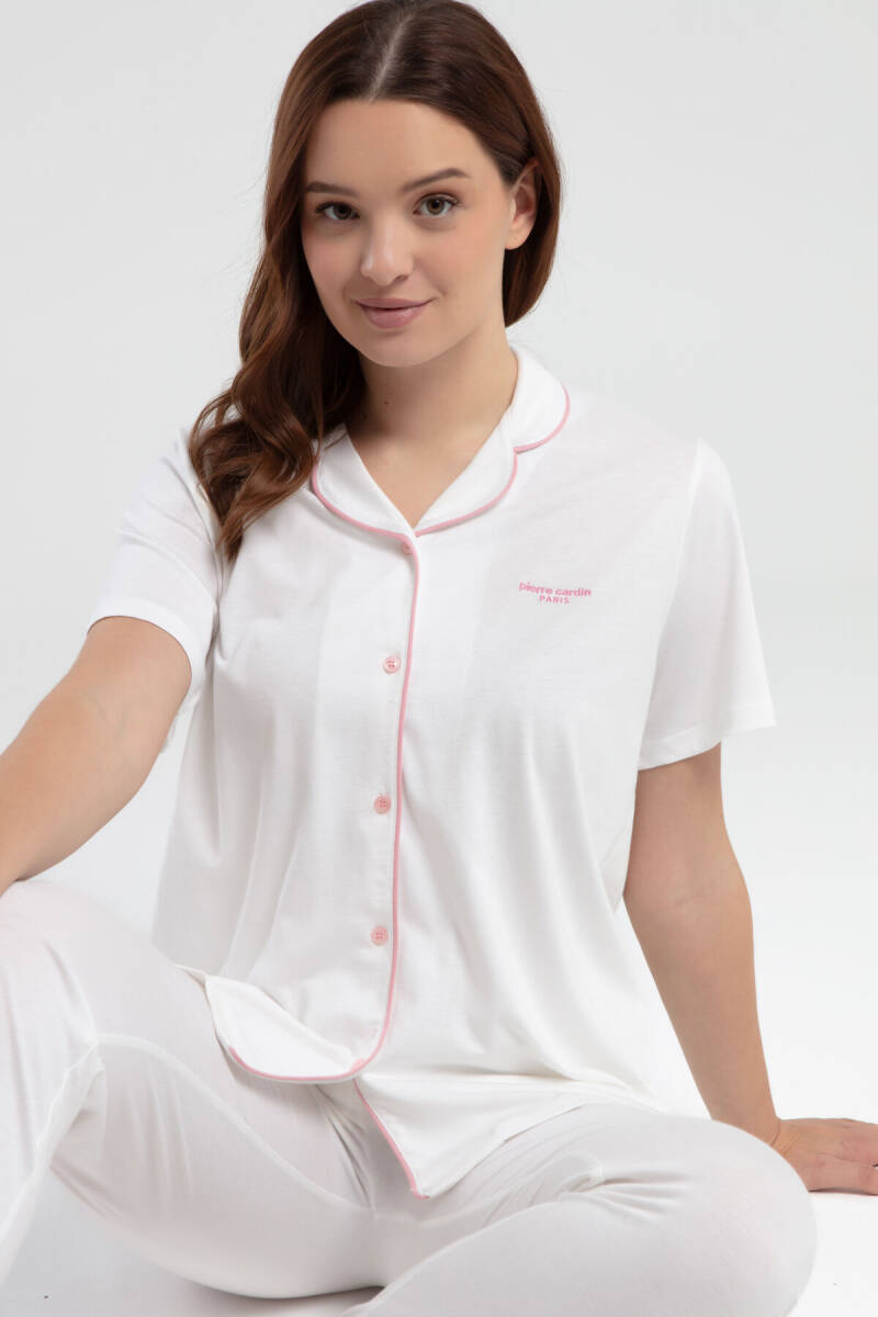 Pierre Cardin Kadın Pamuklu Gömlek Yaka Pigment Baskılı Yazlık Regular Fit Krem Gömlek Pijama Takım PC7715-S-V4 - 4