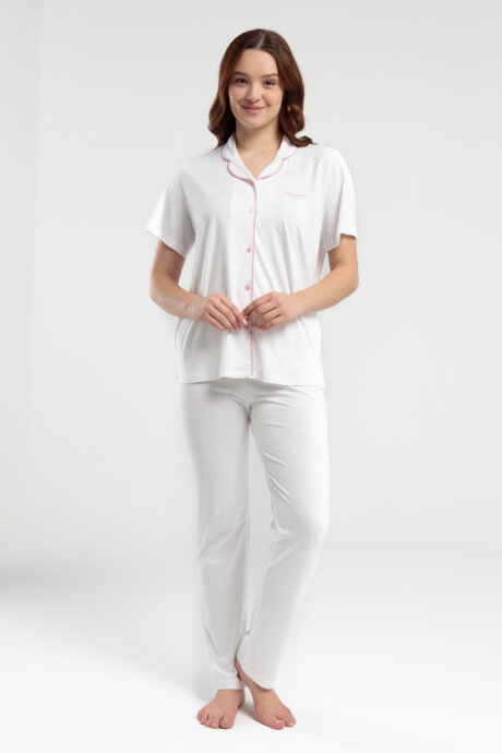 Pierre Cardin Kadın Gömlek Yaka Pigment Baskılı Yazlık Regular Fit Krem Gömlek Pijama Takım PC7715-S-V4