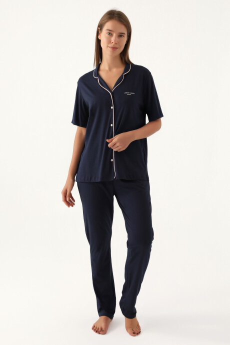 Pierre Cardin Kadın Gömlek Yaka Pigment Baskılı Yazlık Regular Fit Lacivert Gömlek Pijama Takım PC7715-S-V2