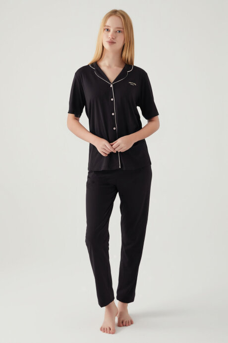 Pierre Cardin Kadın Gömlek Yaka Pigment Baskılı Yazlık Regular Fit Siyah Gömlek Pijama Takım PC7715-S-V3