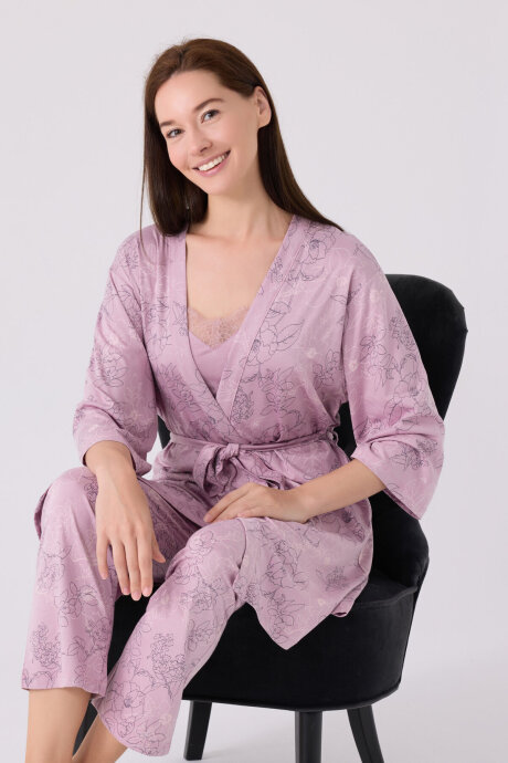 Pierre Cardin Kadın Pamuklu Kruvaze Pigment Baskılı Kışlık Regular Fit Mor Pijama Takımı PC8875-S-V1 - 3